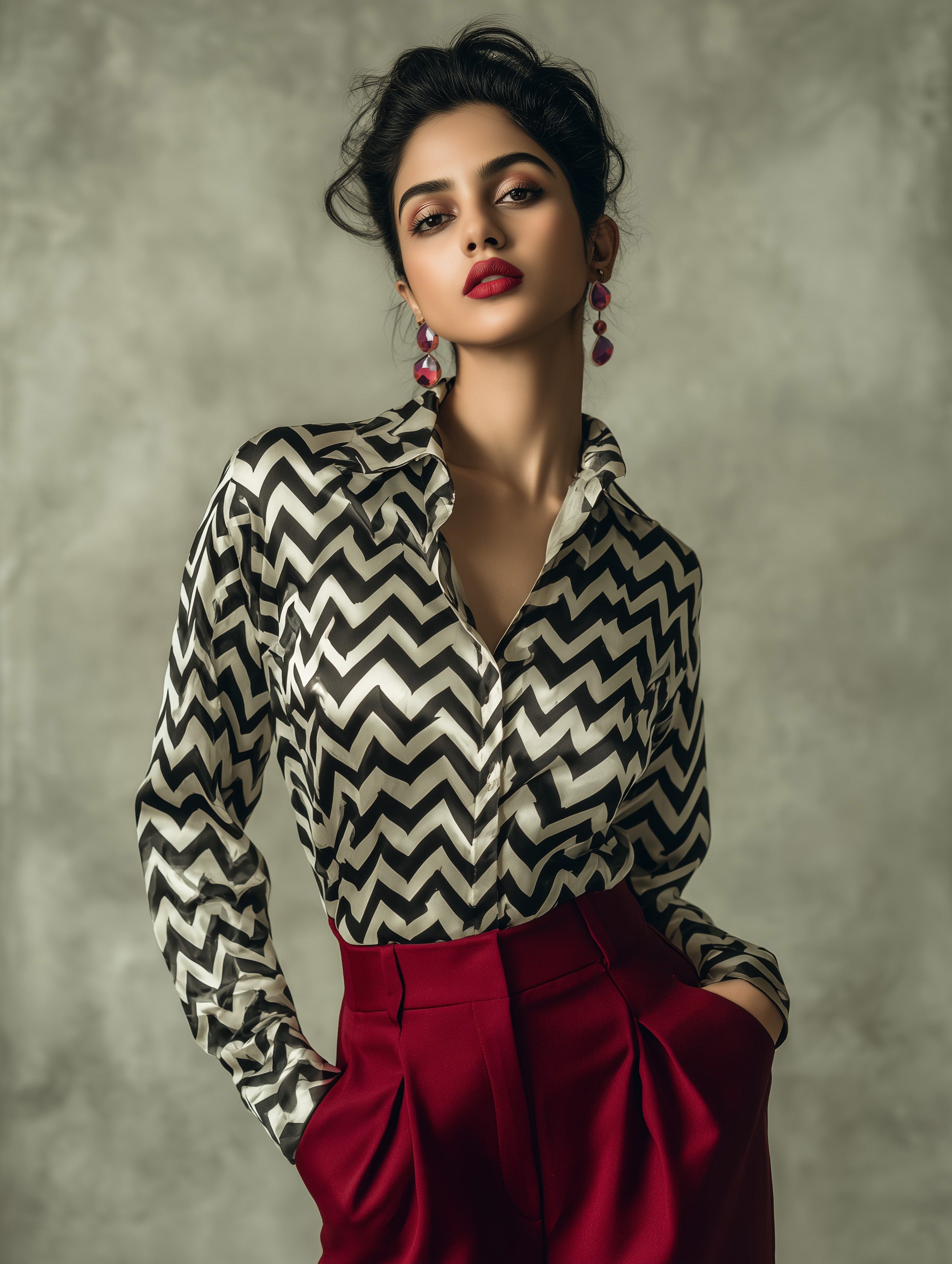 Chevron Satin Georgette Shirt – Monochrome Luxe