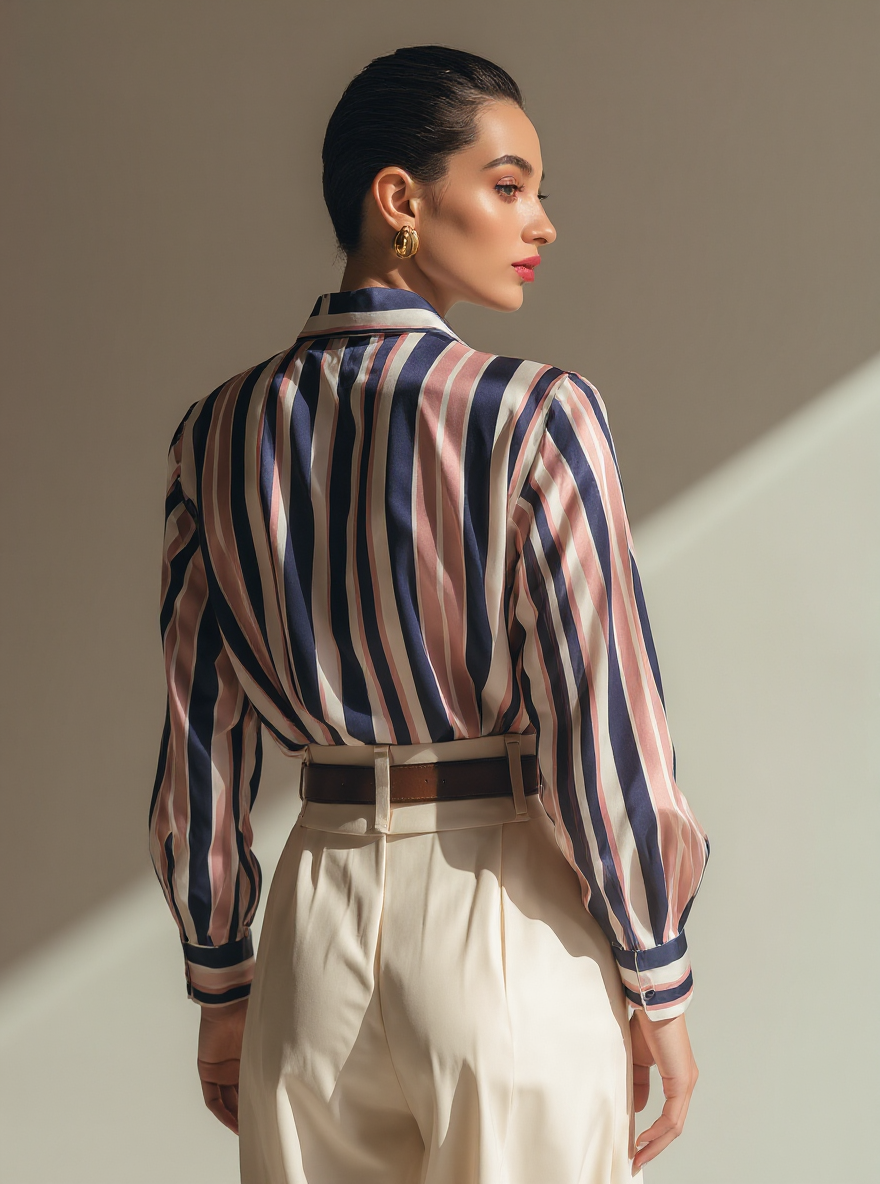 Satin Stripe Shirt – Blush & Navy Classic