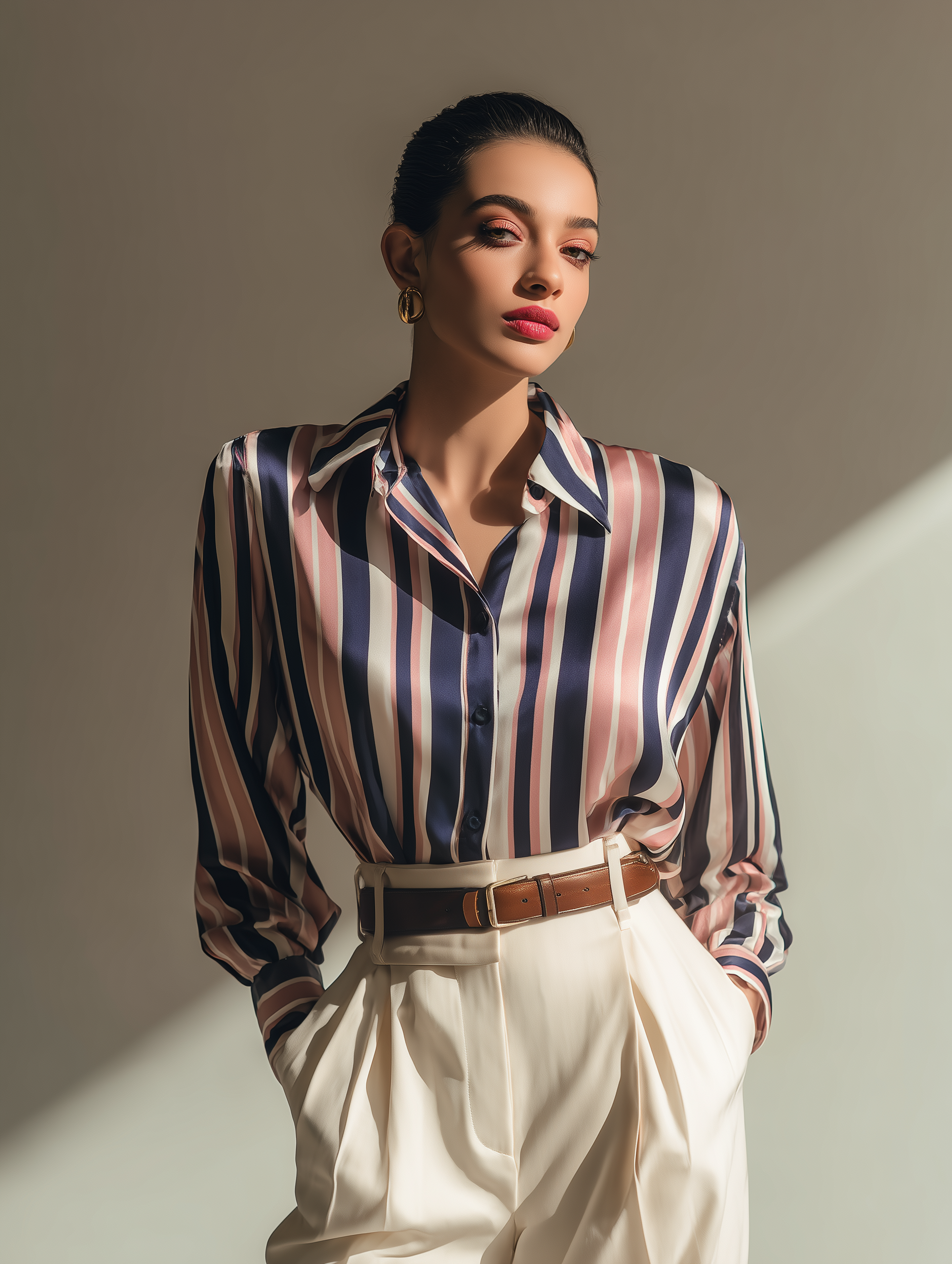 Satin Stripe Shirt – Blush & Navy Classic