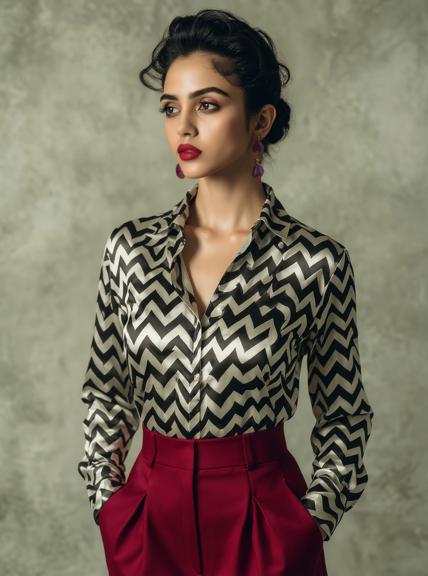 Chevron Satin Georgette Shirt – Monochrome Luxe