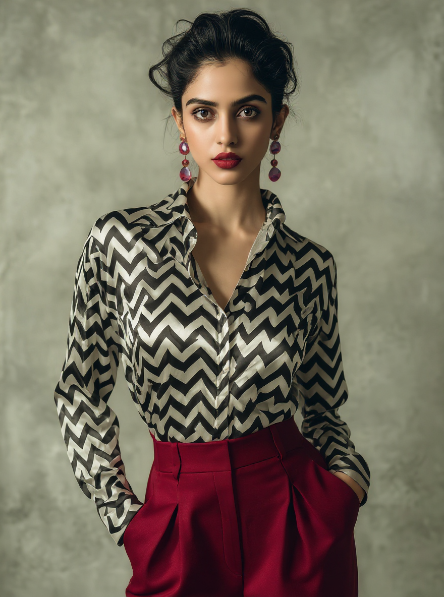 Chevron Satin Georgette Shirt – Monochrome Luxe