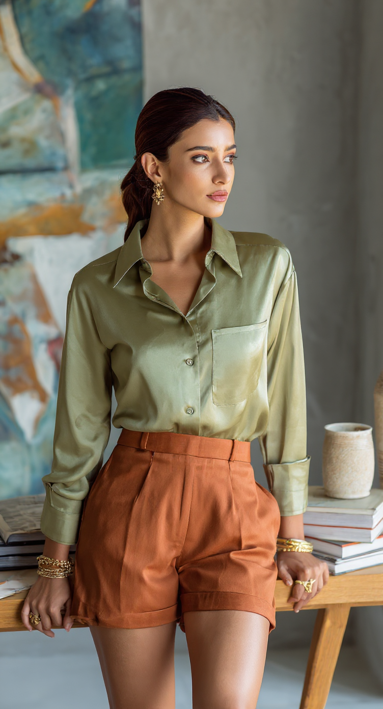 Satin Shirt – Olive Luxe