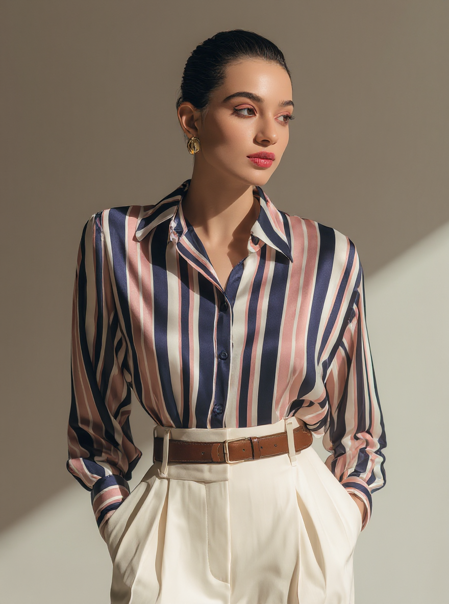 Satin Stripe Shirt – Blush & Navy Classic